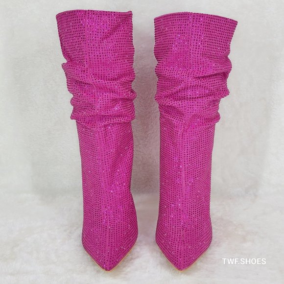 Resolve Sparkling Pink Rhinestone High Heel Slouch Calf Boots New Years Bling - Picture 9 of 15